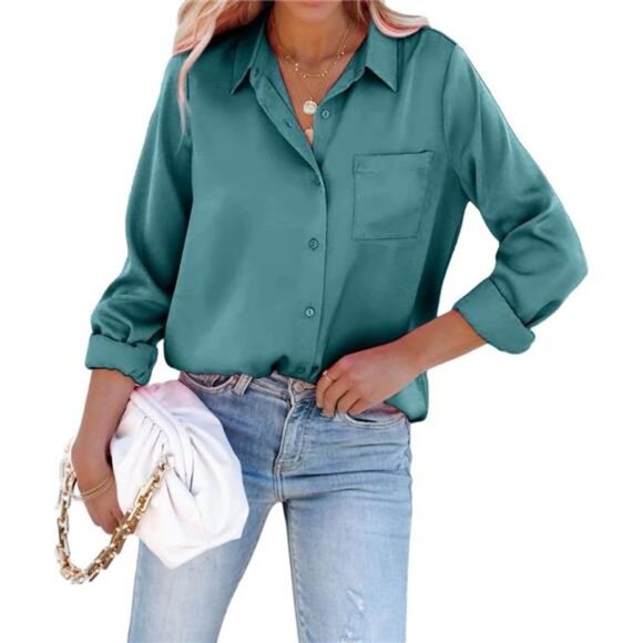 Satin Button Down Shirts for Women Green4 - Picture 2 of 5